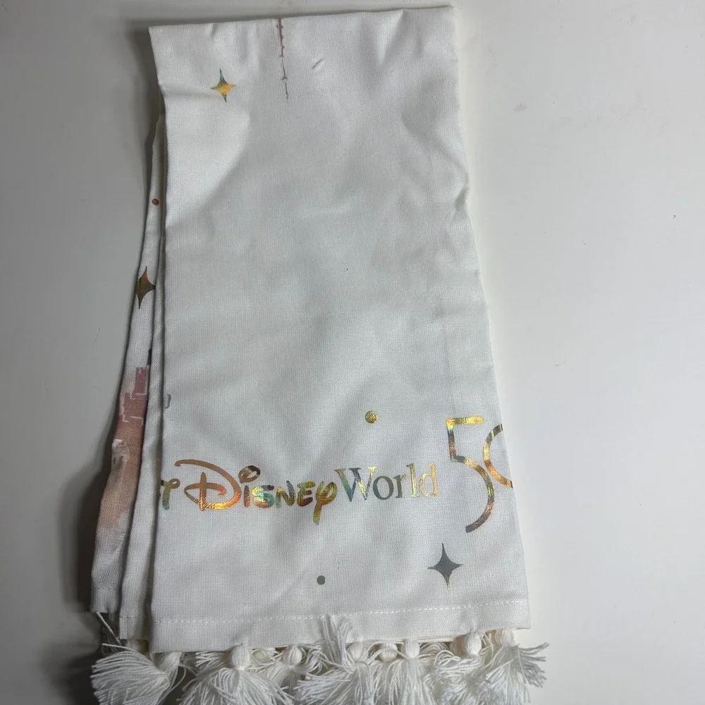 Disney World 50th Anniversary Cinderella Castle Kitchen Towel White Tassels NEW